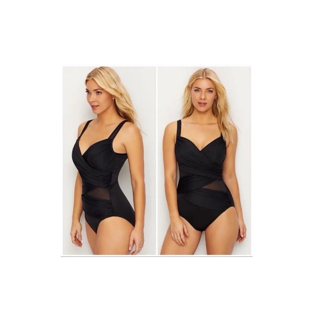 MIRACLESUIT Madero Black One Piece Swimsuit Slimming Ruched Size 14
